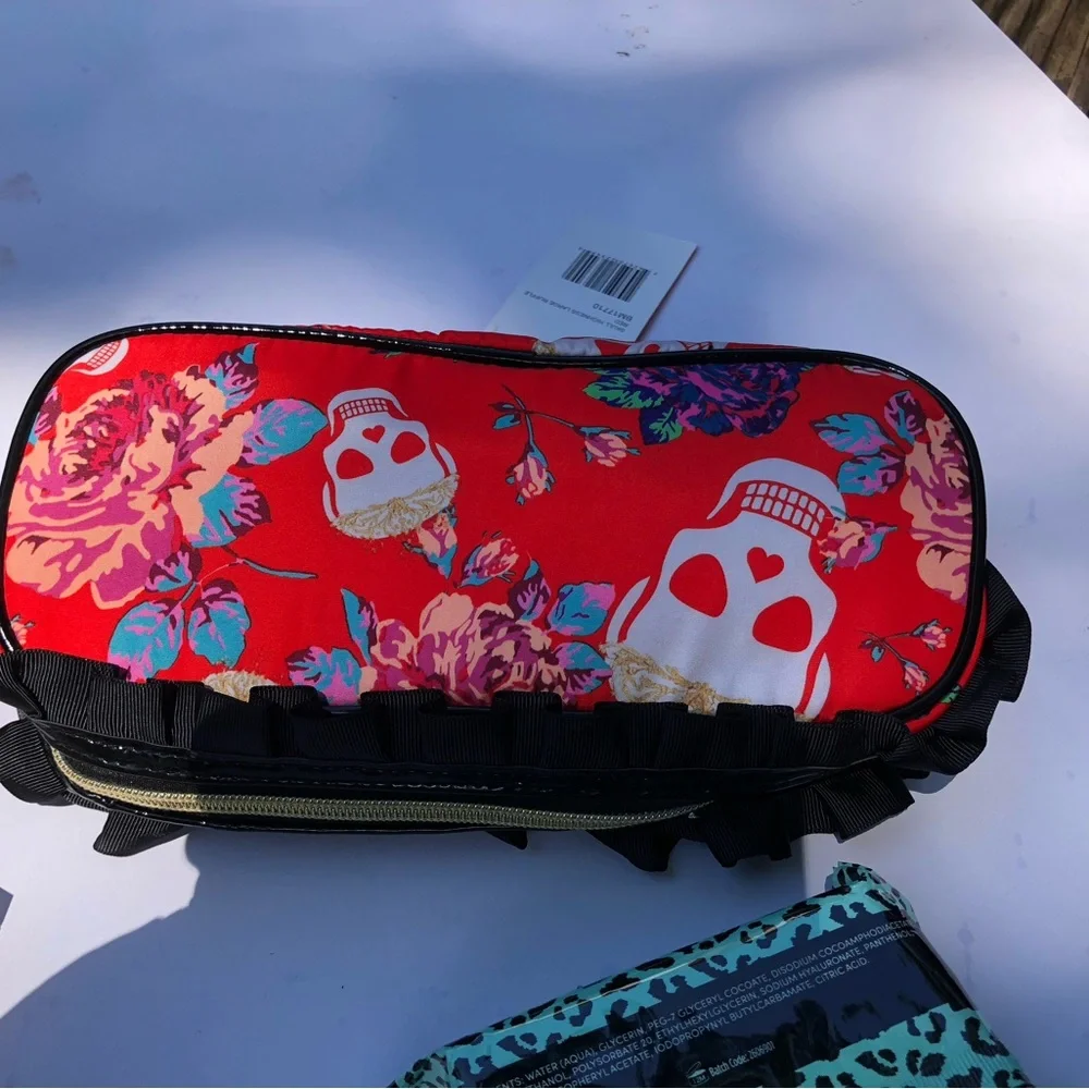 Betsey Johnson Ruffle Red Skull Highness Roses Makeup Cosmetic Bag & Wipes